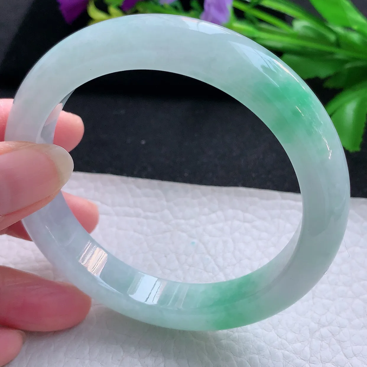 yh大圈口61.5*12.5*9.3平安镯 天然缅甸翡翠玉手镯飘绿大气宽边玉手环