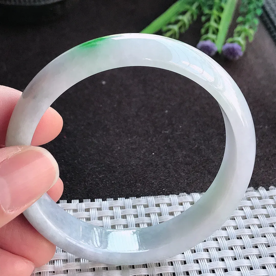 实拍A货翡翠58.5/14.1/7老坑精美飘阳绿手镯宽边玉镯手环