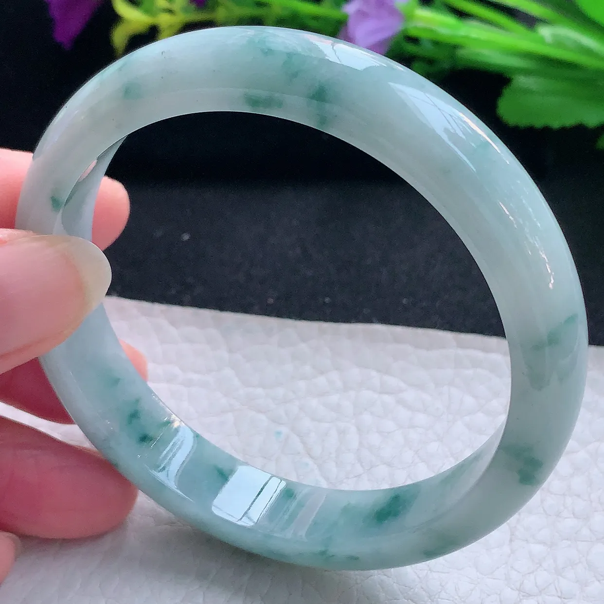 js实拍58.5*11.8*7.2平安镯 天然缅甸翡翠玉手镯冰飘花宽边玉手环