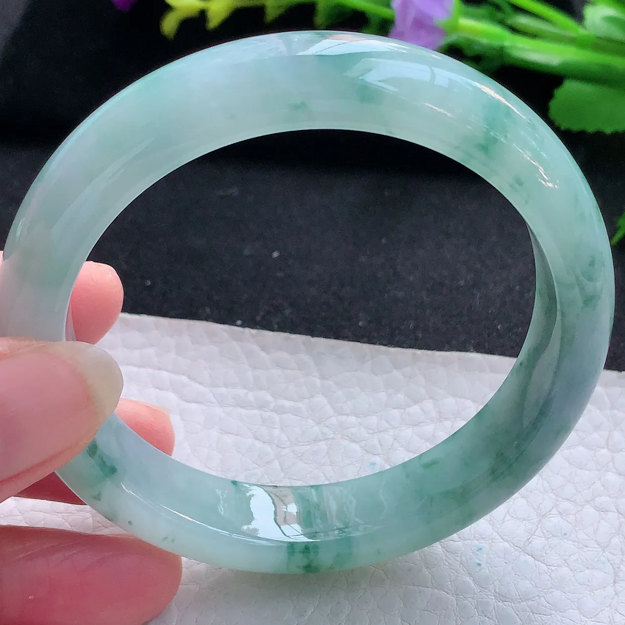 yh自然光57*12.7*8.6平安镯 天然缅甸翡翠玉手镯冰飘花宽边玉手环