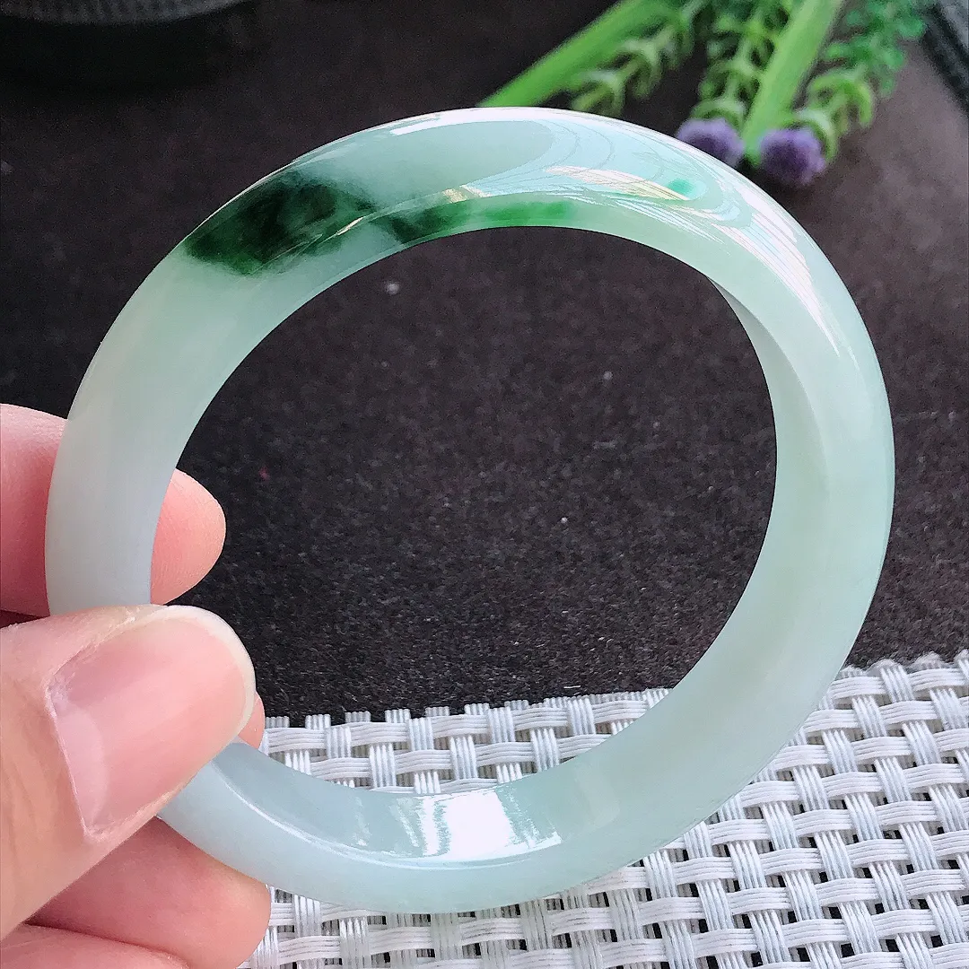 实拍A货翡翠57.5/12/7.8老坑冰润起胶特色飘花手镯宽边玉镯手环