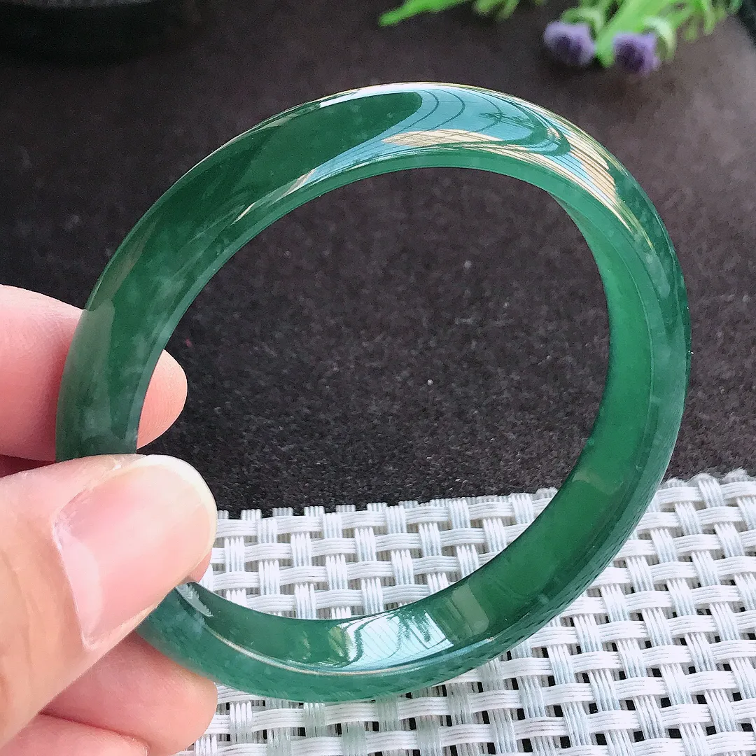 实拍A货翡翠56/11.1/7老坑冰纯起胶满色蓝韵手镯宽边玉镯手环