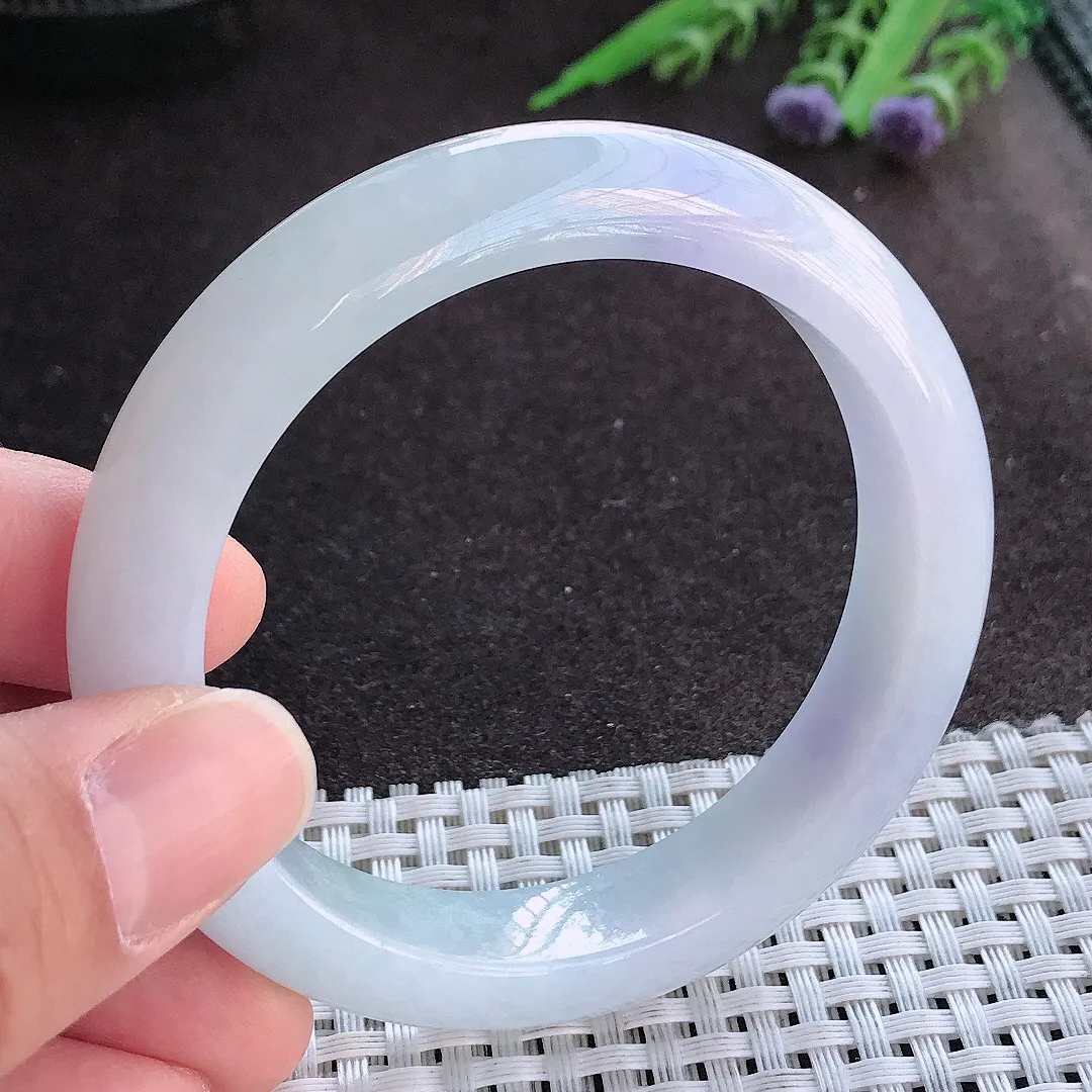 实拍A货翡翠55/12.3/8.5老坑冰润起胶紫罗兰手镯宽边玉镯手环