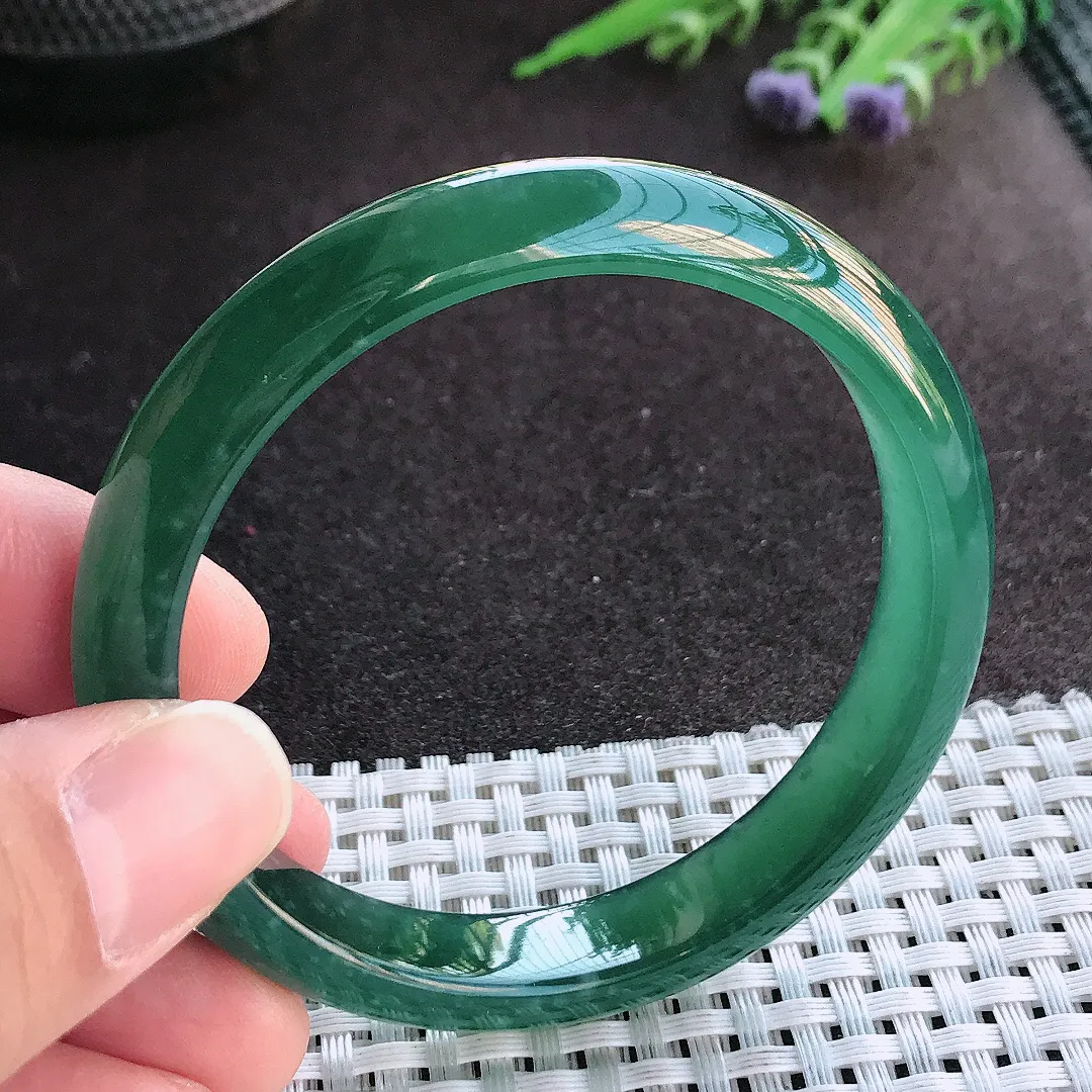 实拍A货翡翠56/11.1/7老坑冰纯起胶满色蓝韵手镯宽边玉镯手环