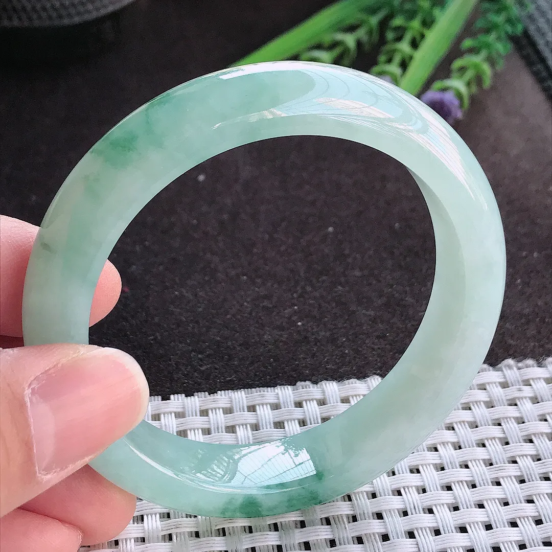 实拍A货翡翠54.5/12.8/8.5老坑冰胶果冻冰飘花手镯宽边玉镯手环