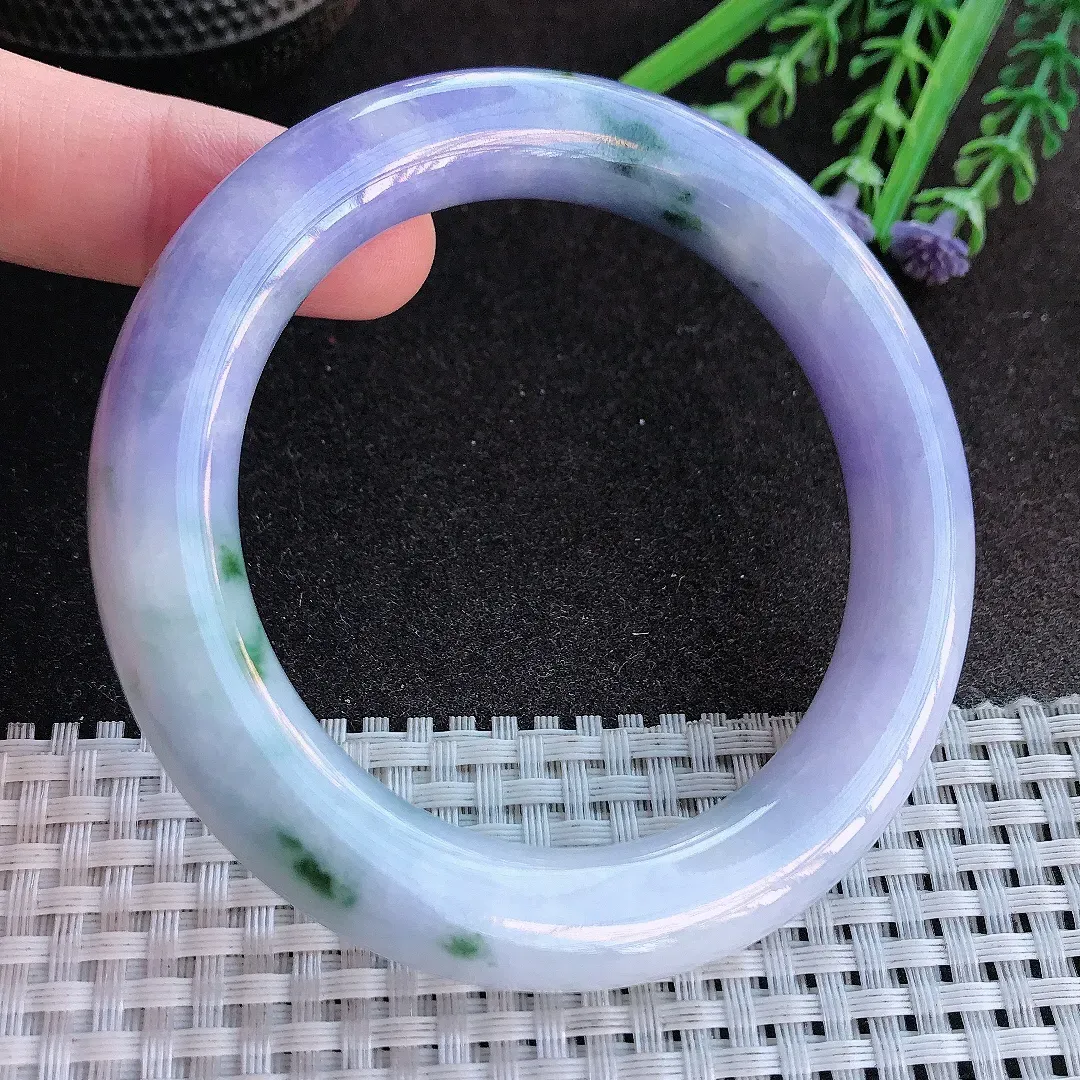 实拍A货翡翠58/11.4老坑精美艳丽紫罗兰圆条手镯紫罗兰飘花玉镯手环