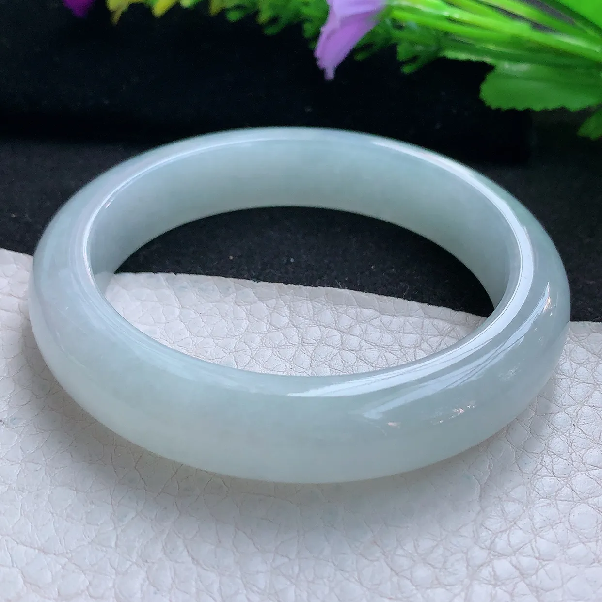 hy实拍58*13*9平安镯 天然缅甸翡翠玉手镯冰胶白月光宽边玉手环