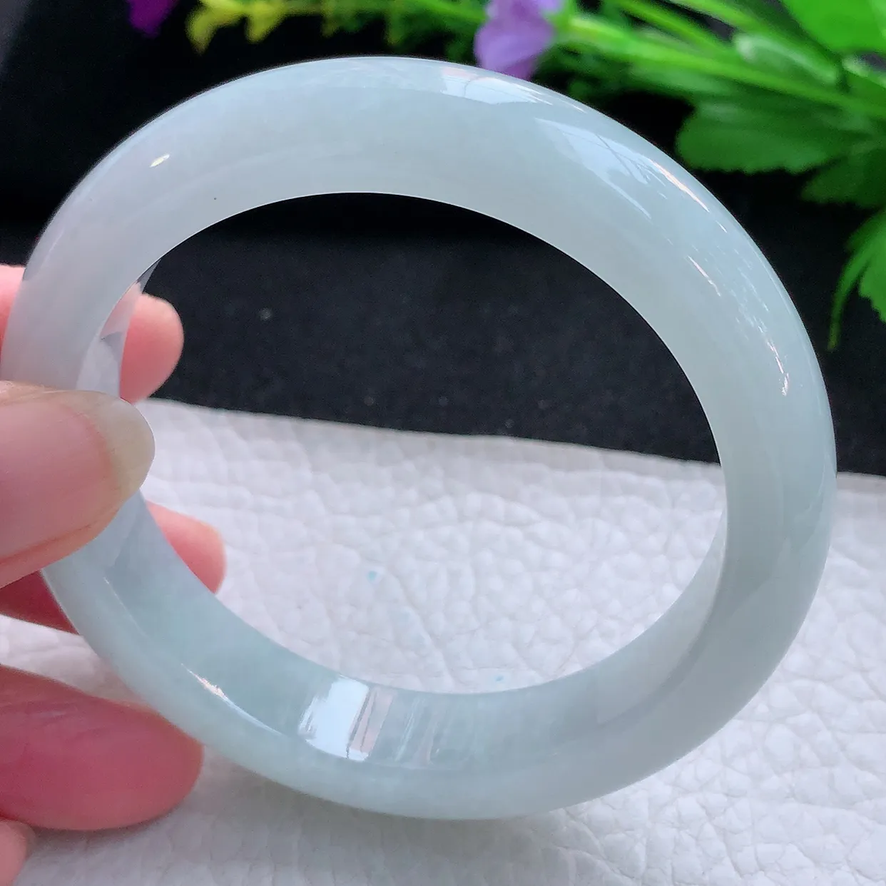 hy实拍58*13*9平安镯 天然缅甸翡翠玉手镯冰胶白月光宽边玉手环