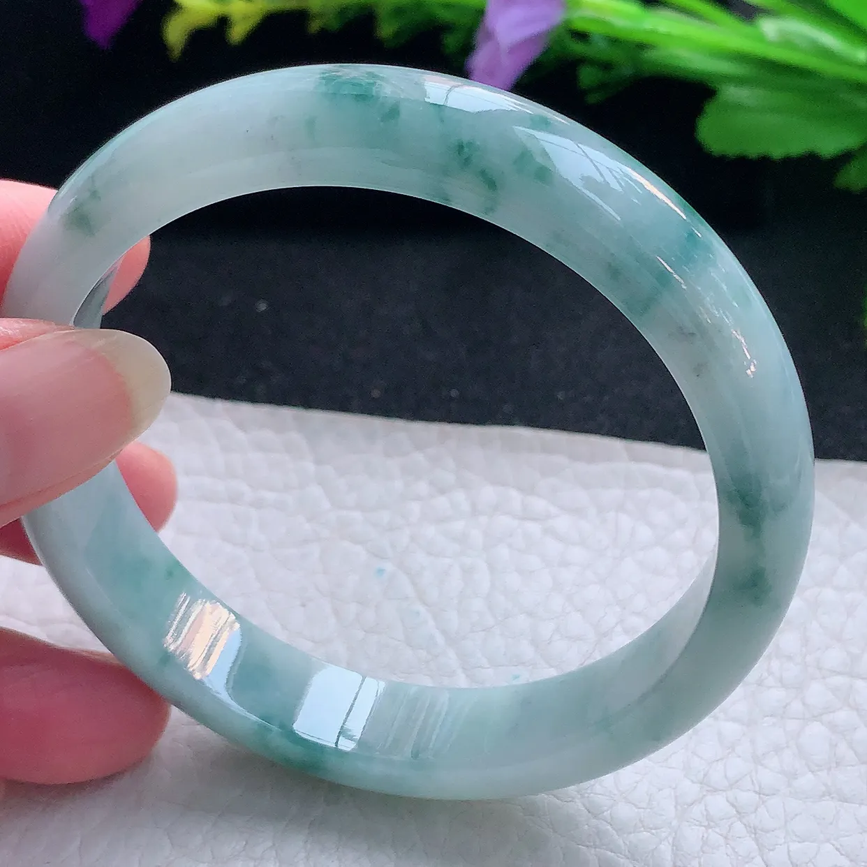 js实拍58.5*11.8*7.2平安镯 天然缅甸翡翠玉手镯冰飘花宽边玉手环