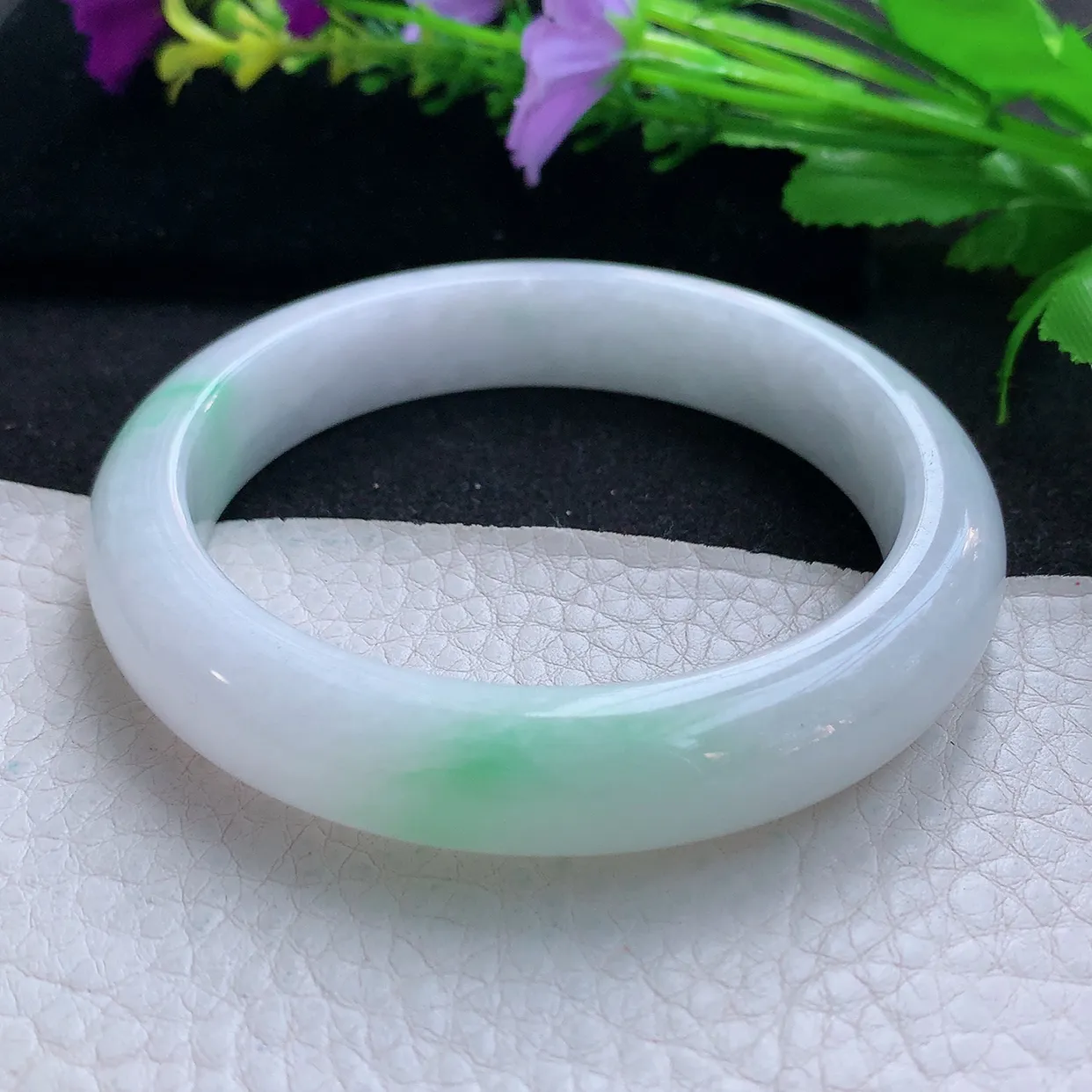 hy大圈口60*12.8*8.7平安镯 天然缅甸翡翠玉手镯水润飘绿花宽边玉手环