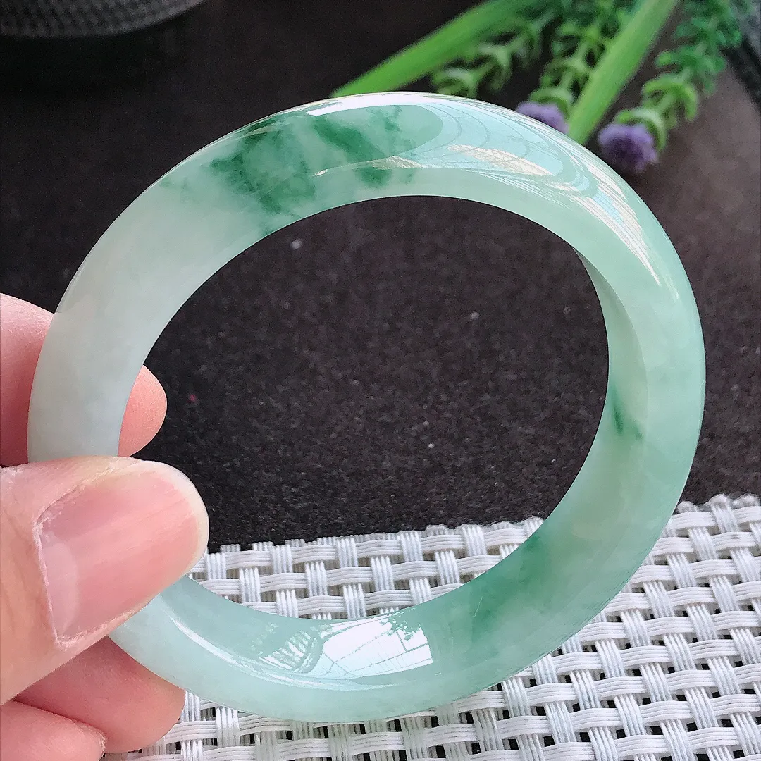 实拍A货翡翠54.5/12.8/8.5老坑冰胶果冻冰飘花手镯宽边玉镯手环