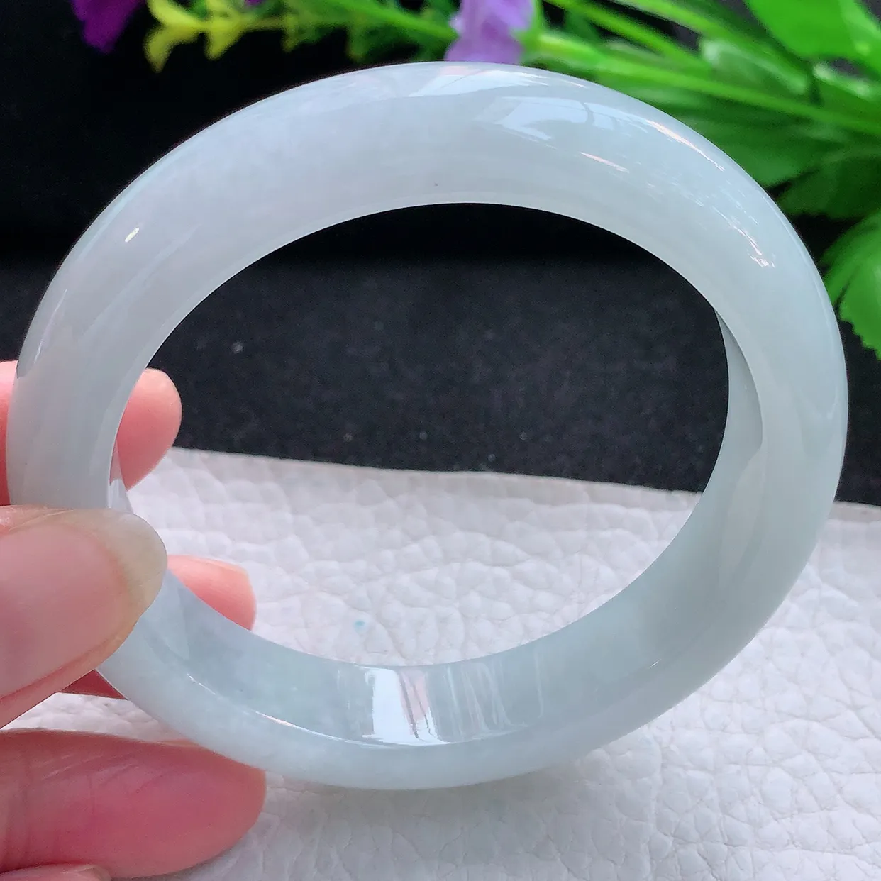 hy实拍58*13*9平安镯 天然缅甸翡翠玉手镯冰胶白月光宽边玉手环