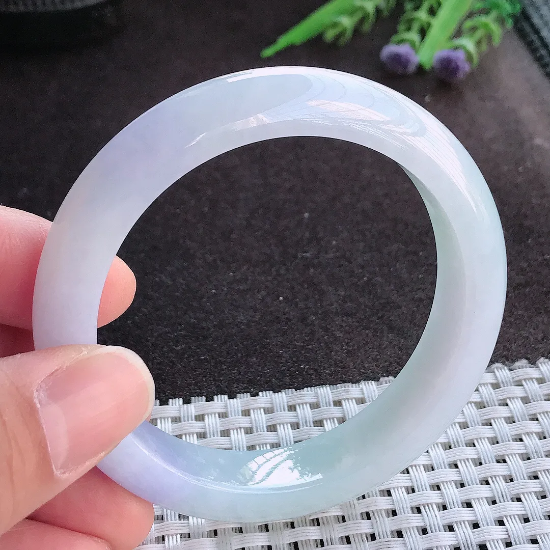 实拍A货翡翠55/12.3/8.5老坑冰润起胶紫罗兰手镯宽边玉镯手环