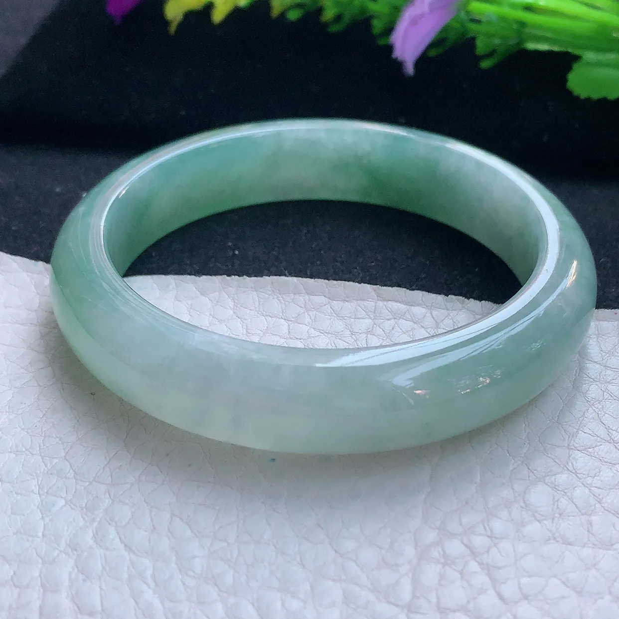 z实拍56.5*12.6*8平安镯 天然缅甸翡翠玉手镯冰润飘绿宽边玉手环