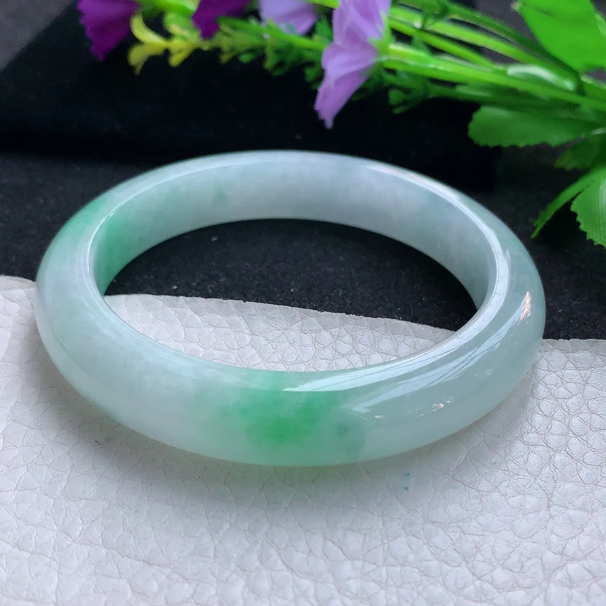 yh大圈口61.5*12.5*9.3平安镯 天然缅甸翡翠玉手镯飘绿大气宽边玉手环