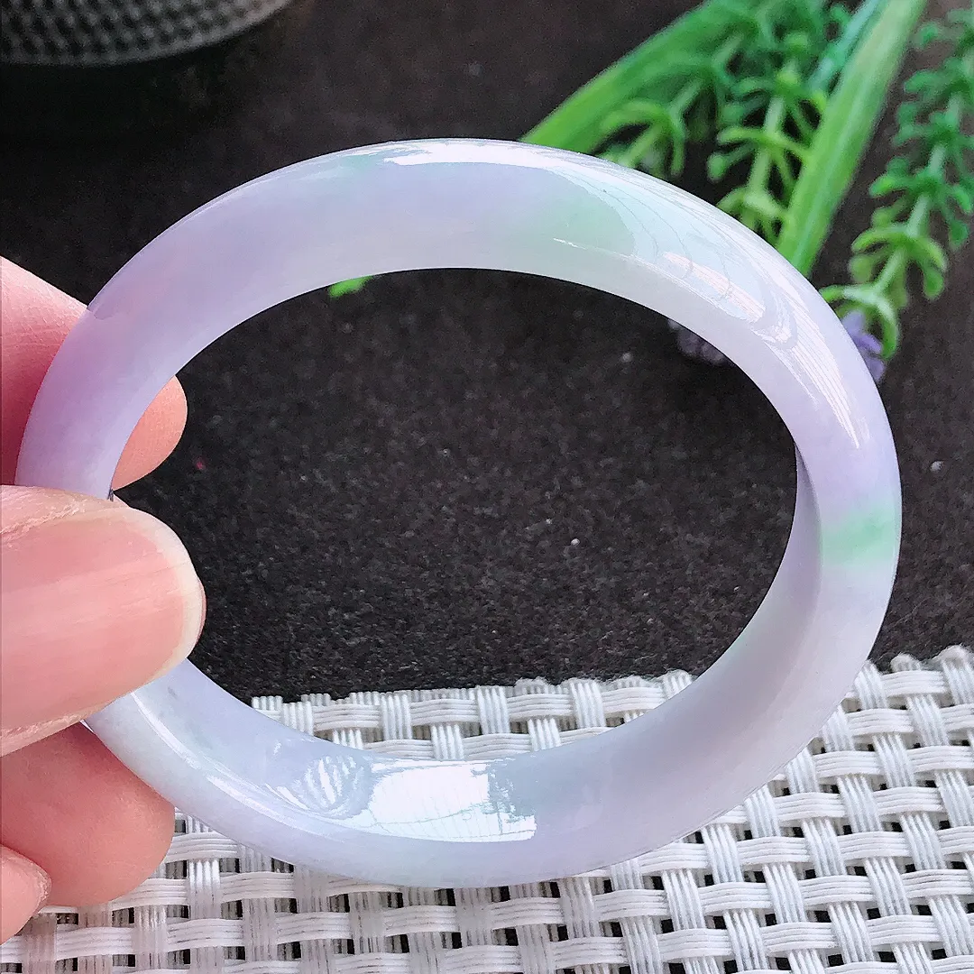 实拍A货翡翠50.5/46.5/12.7/6.8老坑精美温润春带彩贵妃手镯小圈口玉镯手环