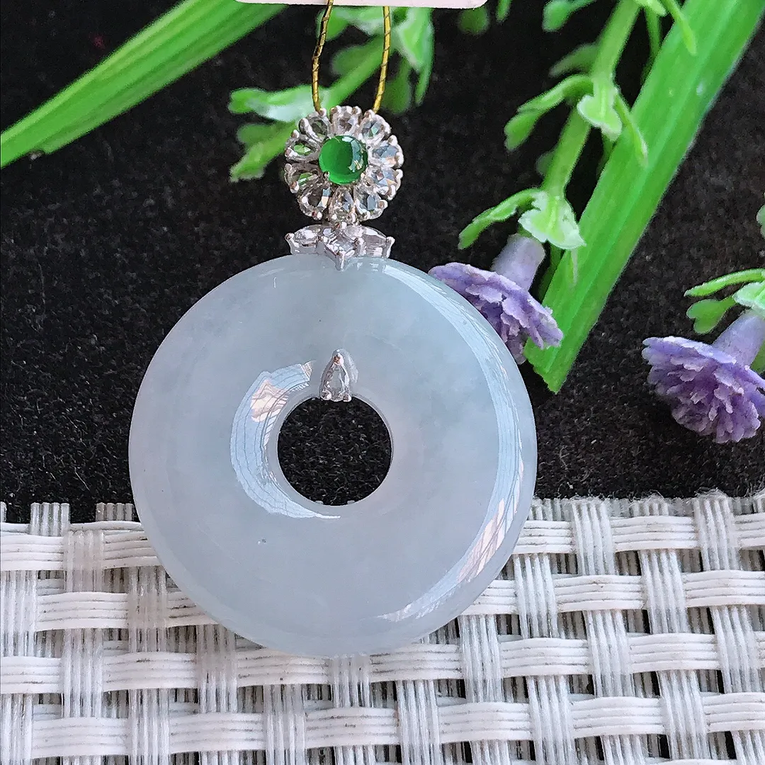 实拍A货翡翠25.6/5.7老坑18k金镶嵌冰胶淡紫罗兰平安扣吊坠翡翠挂件