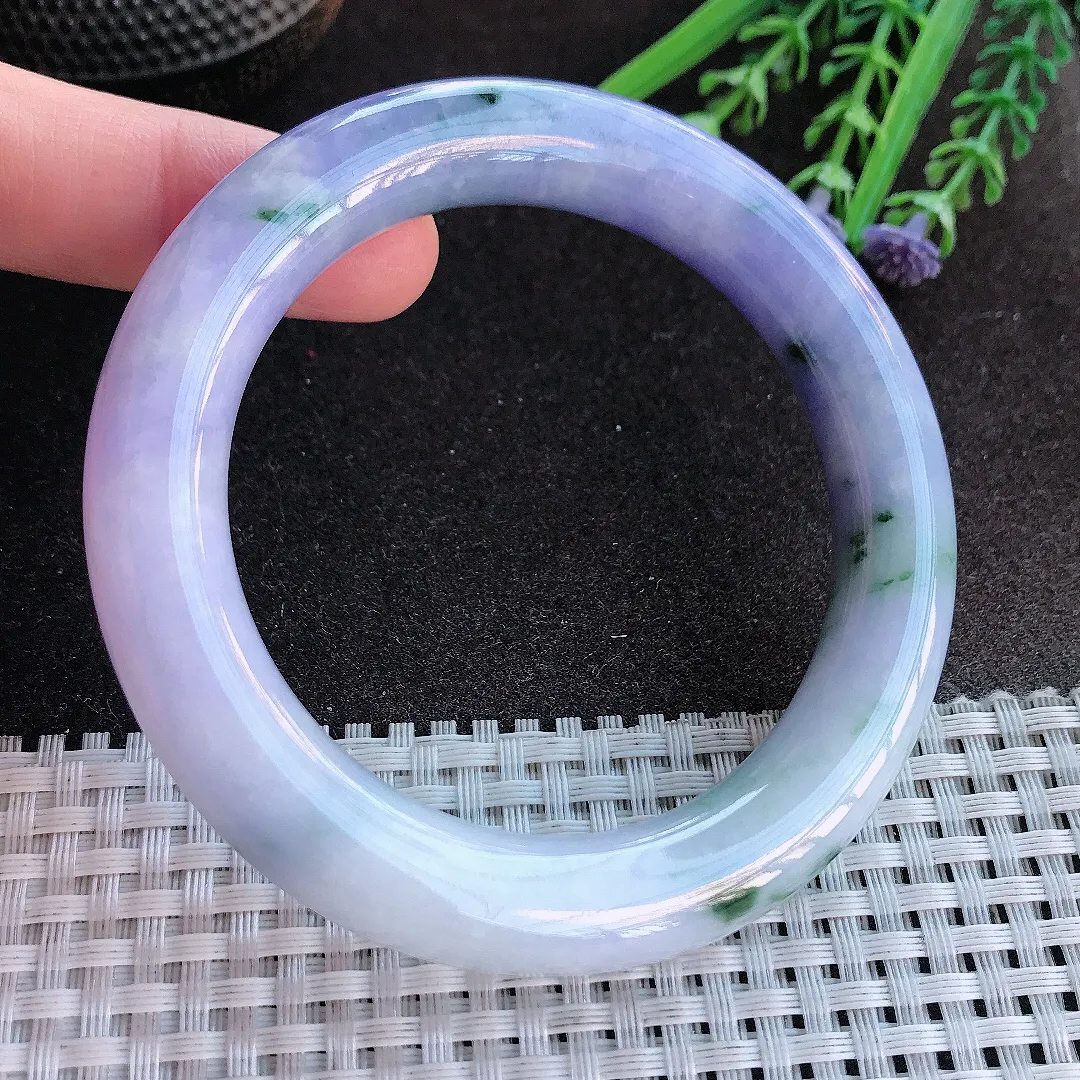实拍A货翡翠58/11.4老坑精美艳丽紫罗兰圆条手镯紫罗兰飘花玉镯手环