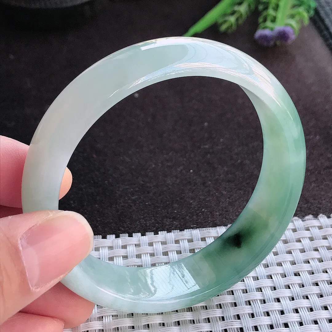 实拍A货翡翠60/16.3/7.6老坑精美冰润飘花轮胎手镯宽边玉镯手环