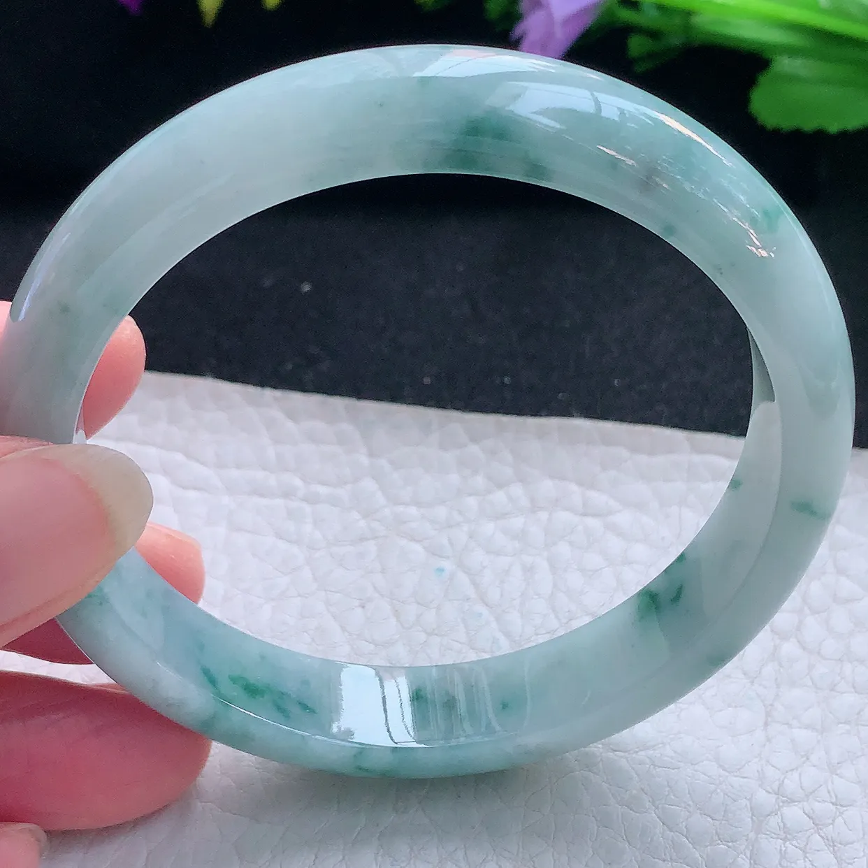 js实拍58.5*11.8*7.2平安镯 天然缅甸翡翠玉手镯冰飘花宽边玉手环