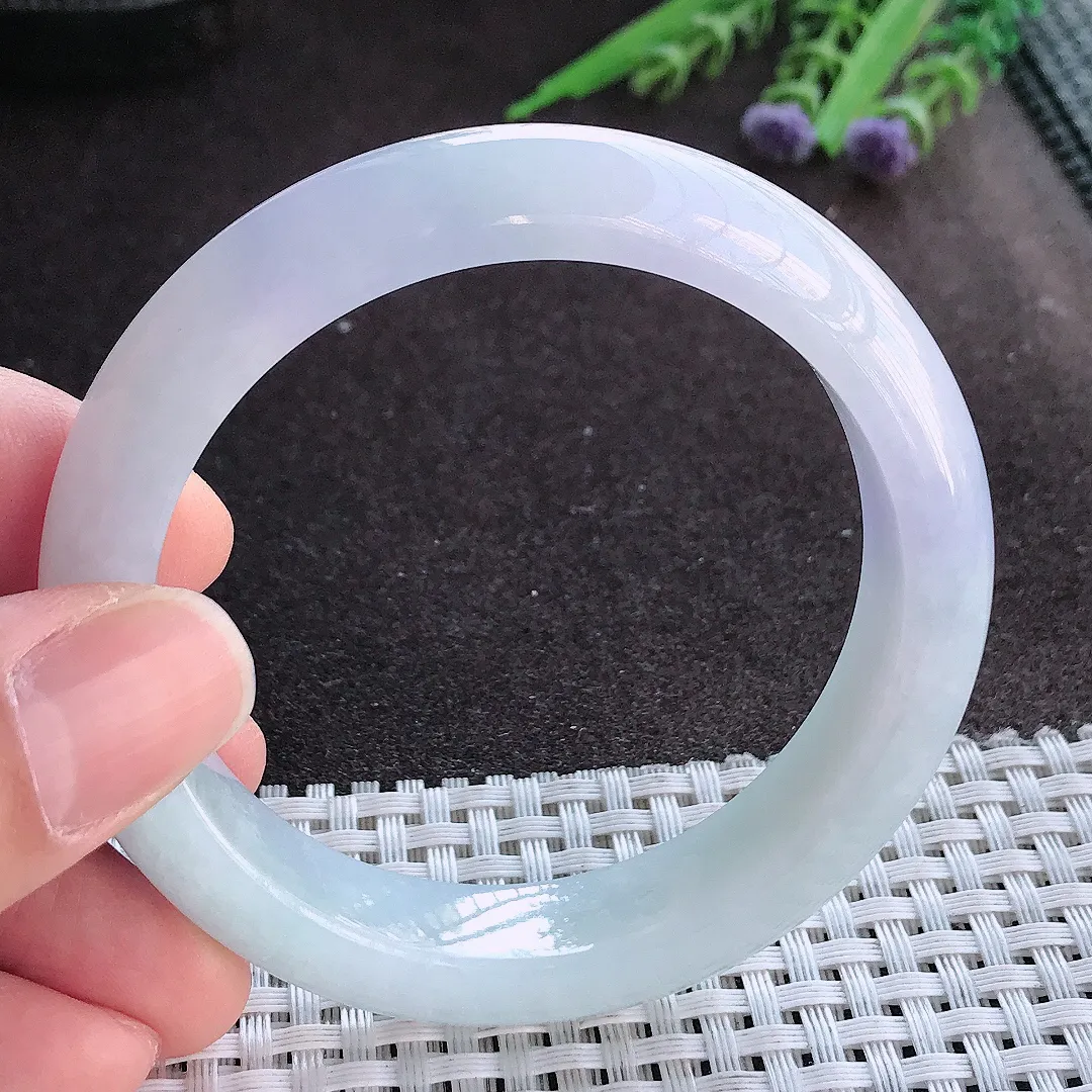 实拍A货翡翠55/12.3/8.5老坑冰润起胶紫罗兰手镯宽边玉镯手环