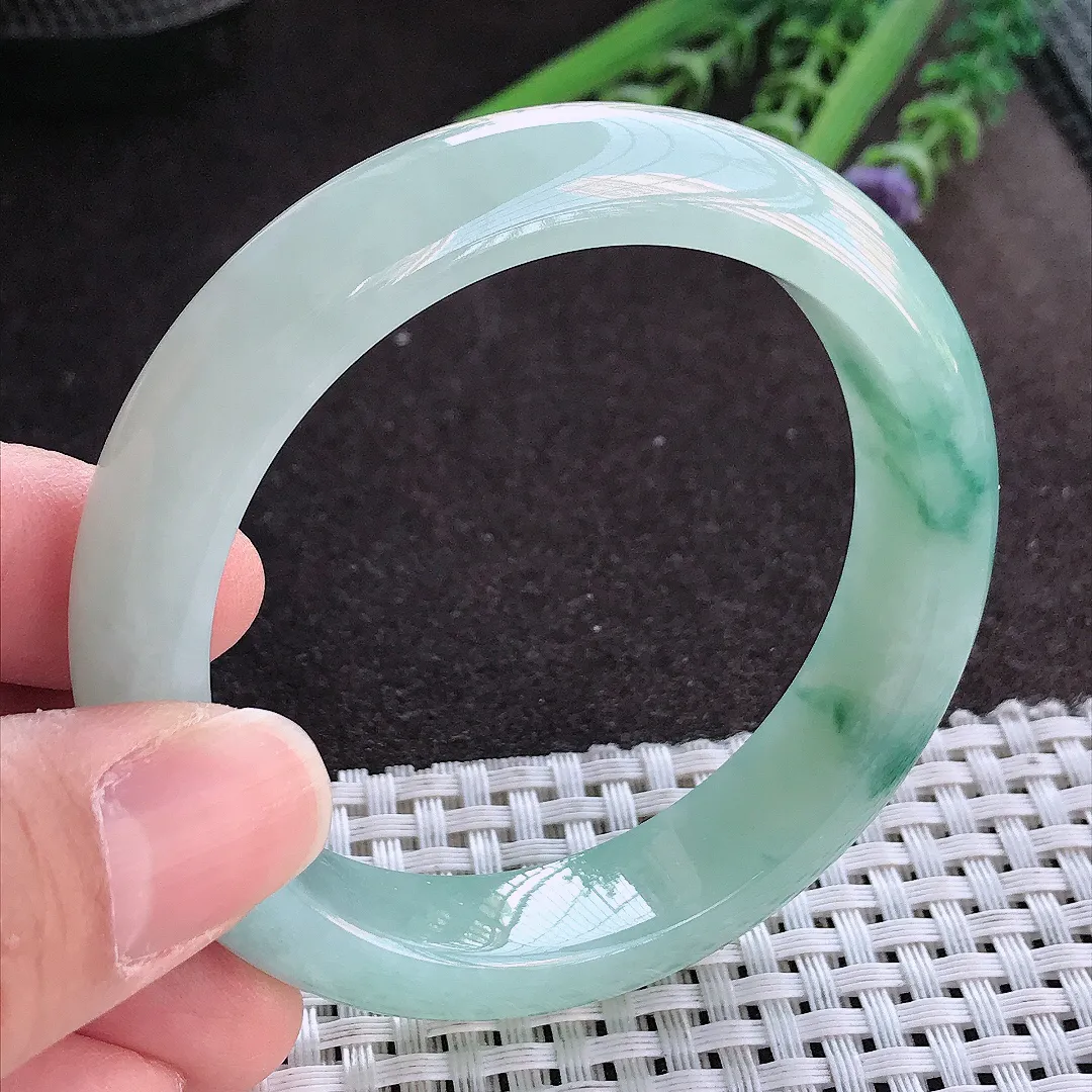 实拍A货翡翠54.5/12.8/8.5老坑冰胶果冻冰飘花手镯宽边玉镯手环