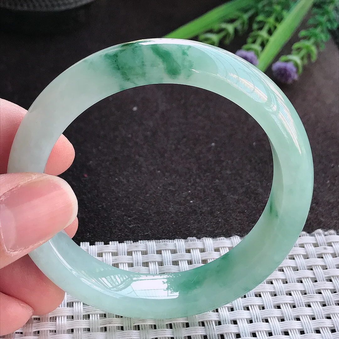 实拍A货翡翠54.5/12.8/8.5老坑冰胶果冻冰飘花手镯宽边玉镯手环