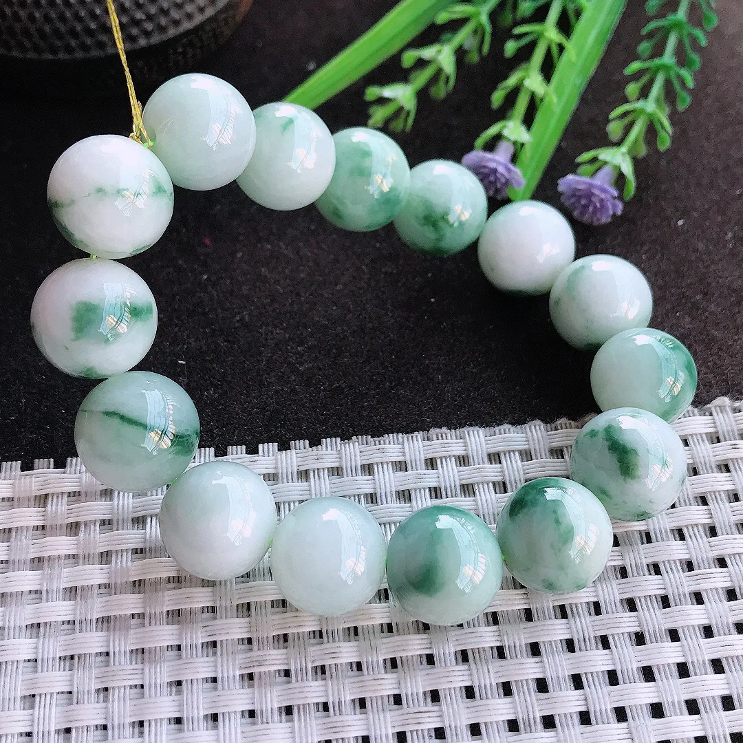 实拍A货翡翠13.5/15颗老坑秀气温润飘花大颗粒圆珠手串珠串手链