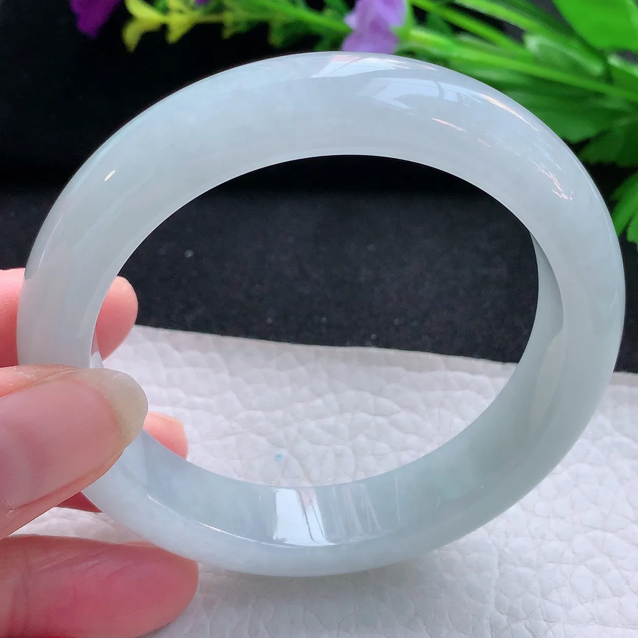 hy实拍58*13*9平安镯 天然缅甸翡翠玉手镯冰胶白月光宽边玉手环