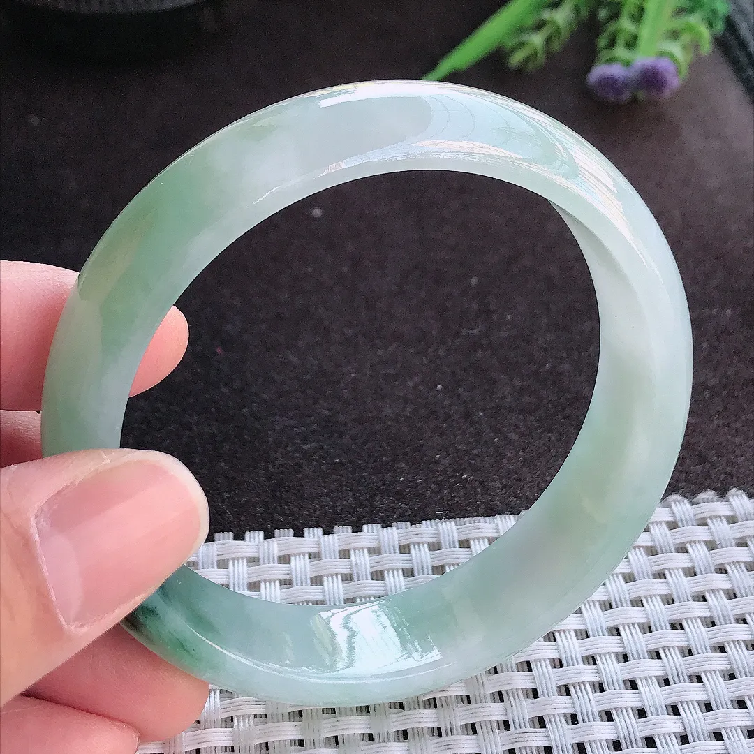 实拍A货翡翠60/16.3/7.6老坑精美冰润飘花轮胎手镯宽边玉镯手环