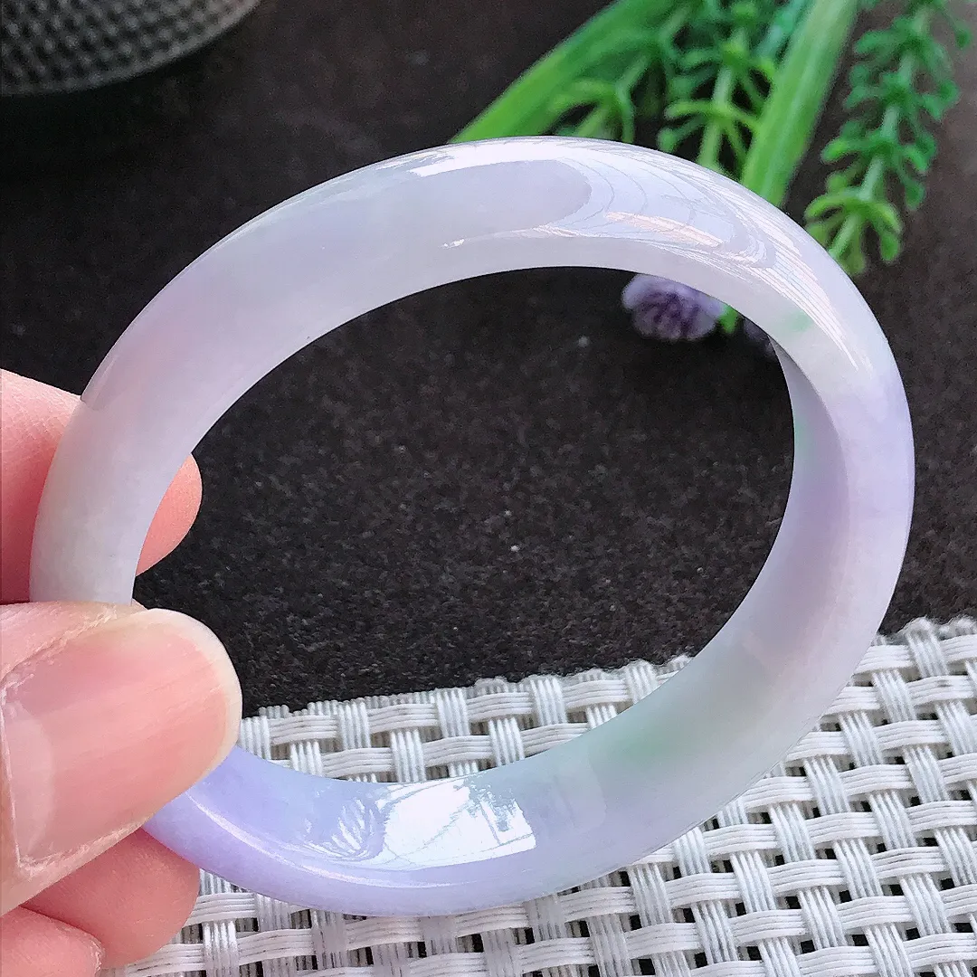 实拍A货翡翠50.5/46.5/12.7/6.8老坑精美温润春带彩贵妃手镯小圈口玉镯手环