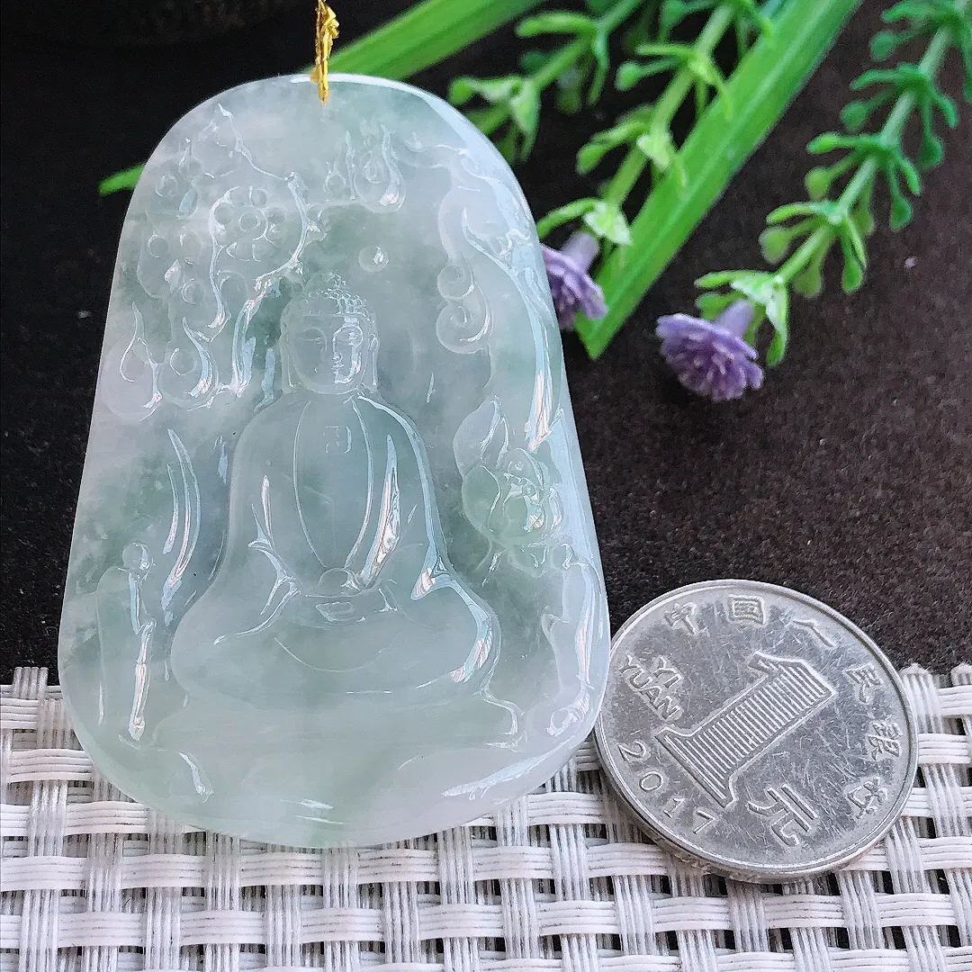实拍A货翡翠56.7/39.6/5.8老坑冰胶果冻如来佛祖吊坠翡翠挂件