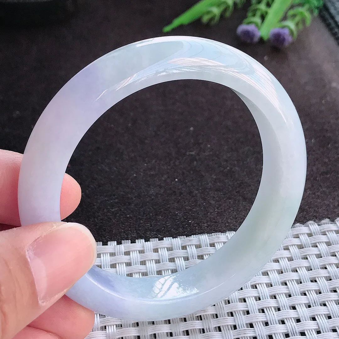 实拍A货翡翠55/12.3/8.5老坑冰润起胶紫罗兰手镯宽边玉镯手环