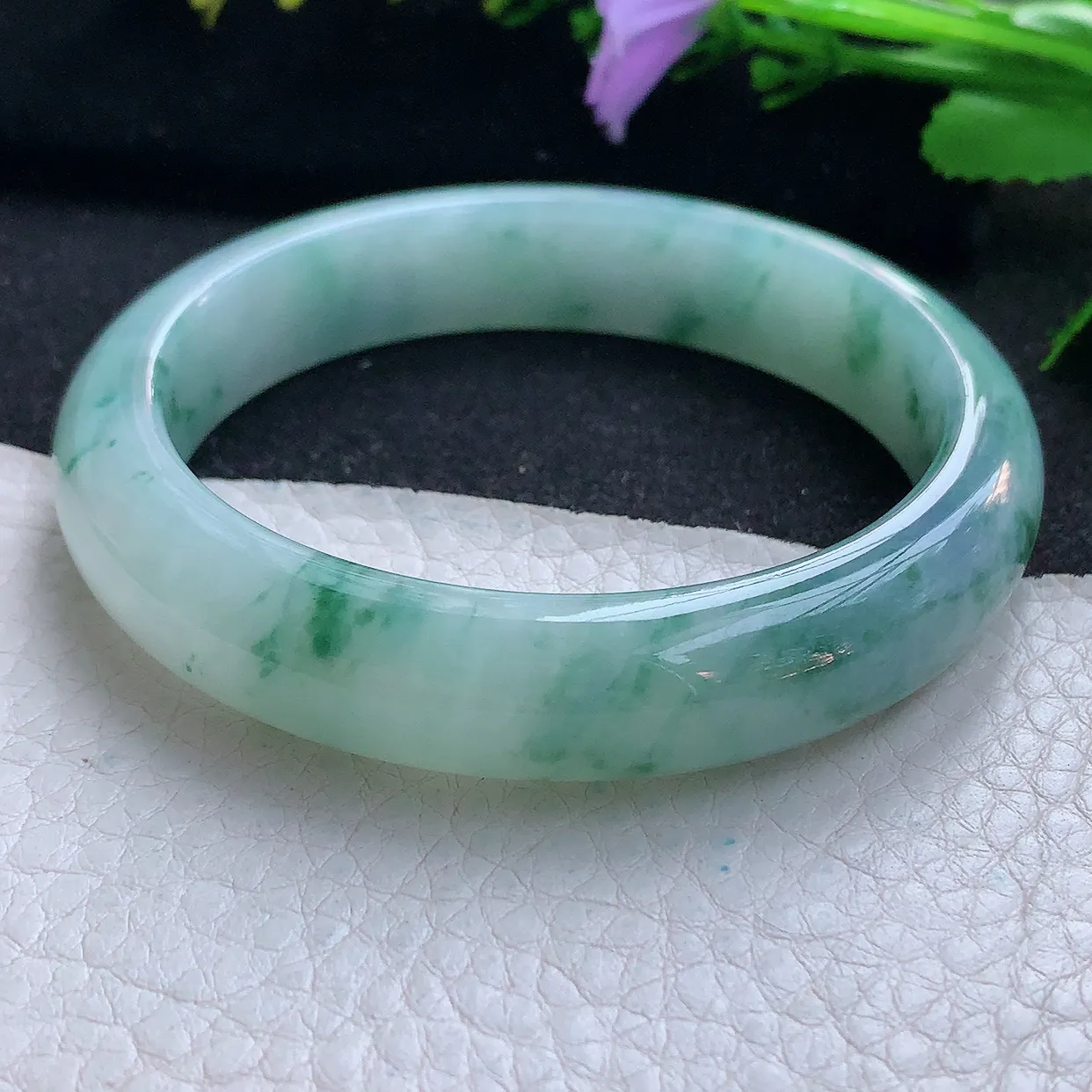 yh自然光57*12.7*8.6平安镯 天然缅甸翡翠玉手镯冰飘花宽边玉手环