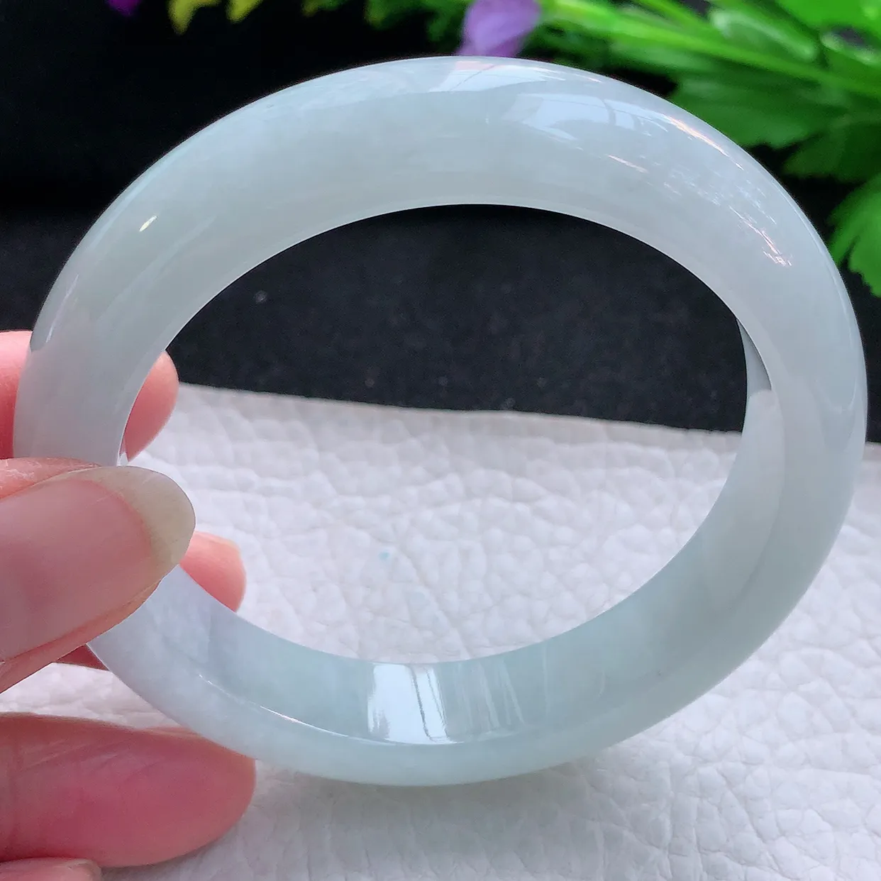 hy实拍58*13*9平安镯 天然缅甸翡翠玉手镯冰胶白月光宽边玉手环