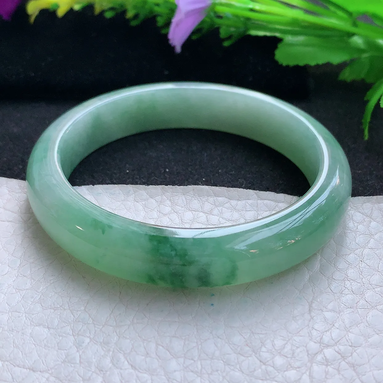 hy实拍56.5*12*7.6平安镯 天然缅甸翡翠玉手镯水润飘花宽边玉手环