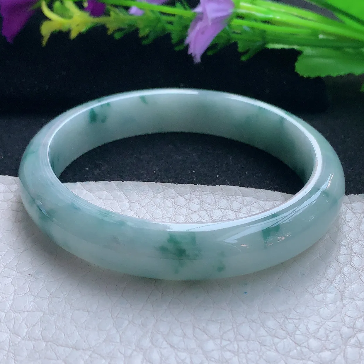 js实拍58.5*11.8*7.2平安镯 天然缅甸翡翠玉手镯冰飘花宽边玉手环