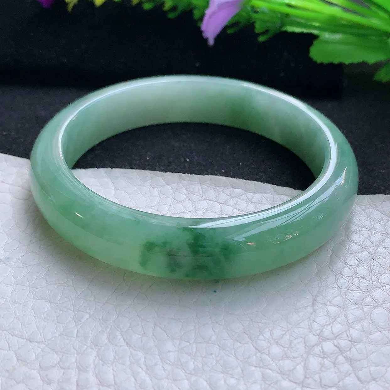 hy实拍56.5*12*7.6平安镯 天然缅甸翡翠玉手镯水润飘花宽边玉手环
