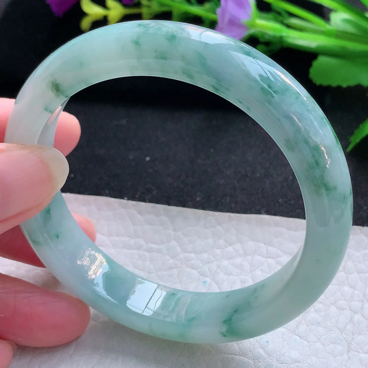 yh自然光57*12.7*8.6平安镯 天然缅甸翡翠玉手镯冰飘花宽边玉手环