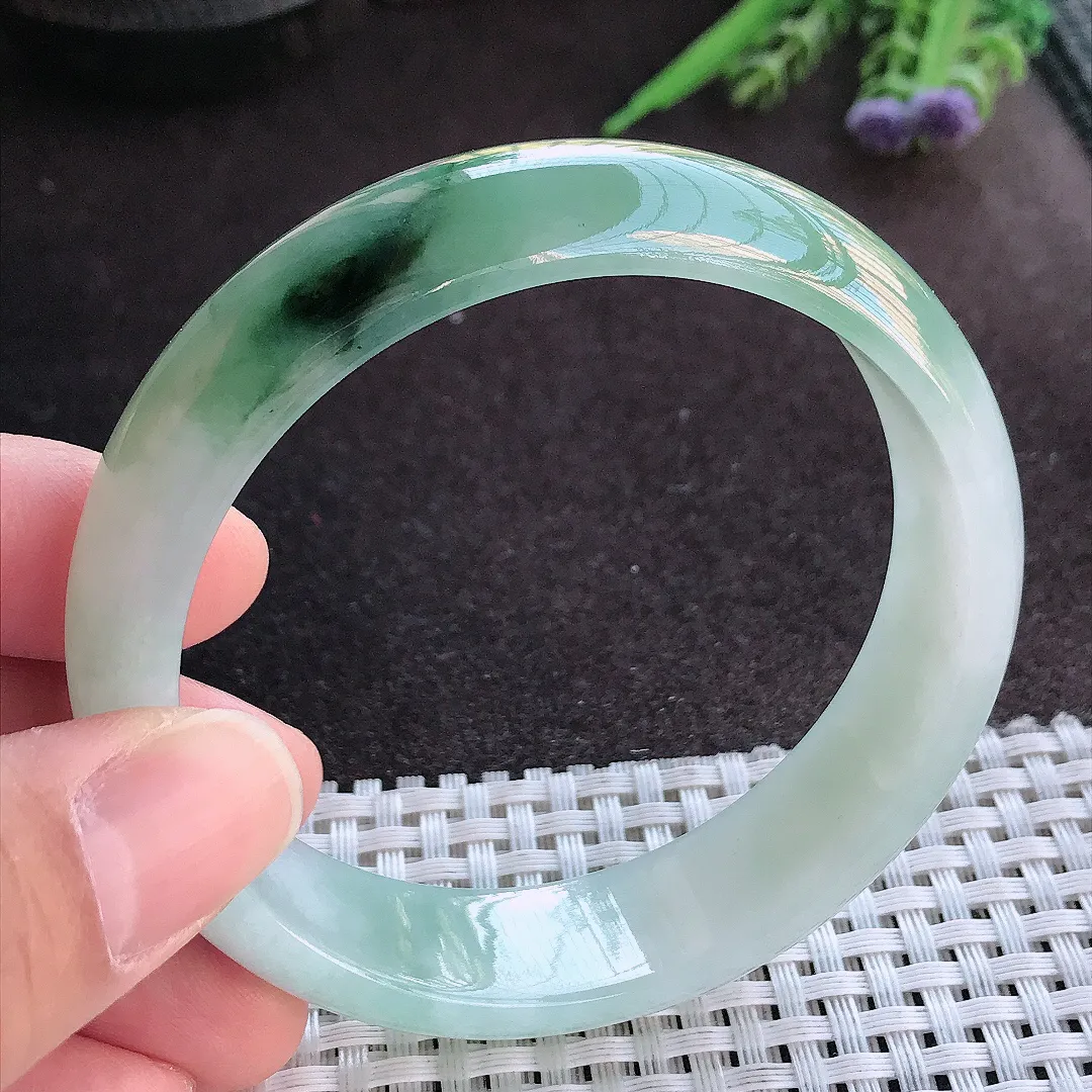 实拍A货翡翠60/16.3/7.6老坑精美冰润飘花轮胎手镯宽边玉镯手环