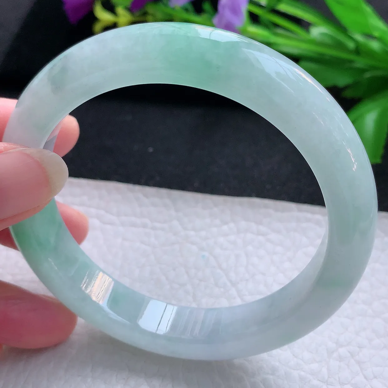 yh大圈口61.5*12.5*9.3平安镯 天然缅甸翡翠玉手镯飘绿大气宽边玉手环