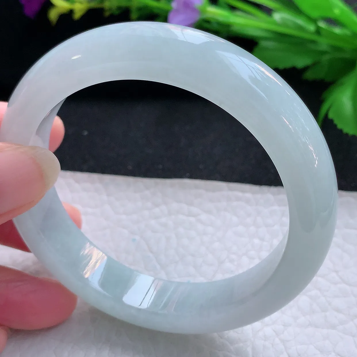 hy实拍58*13*9平安镯 天然缅甸翡翠玉手镯冰胶白月光宽边玉手环