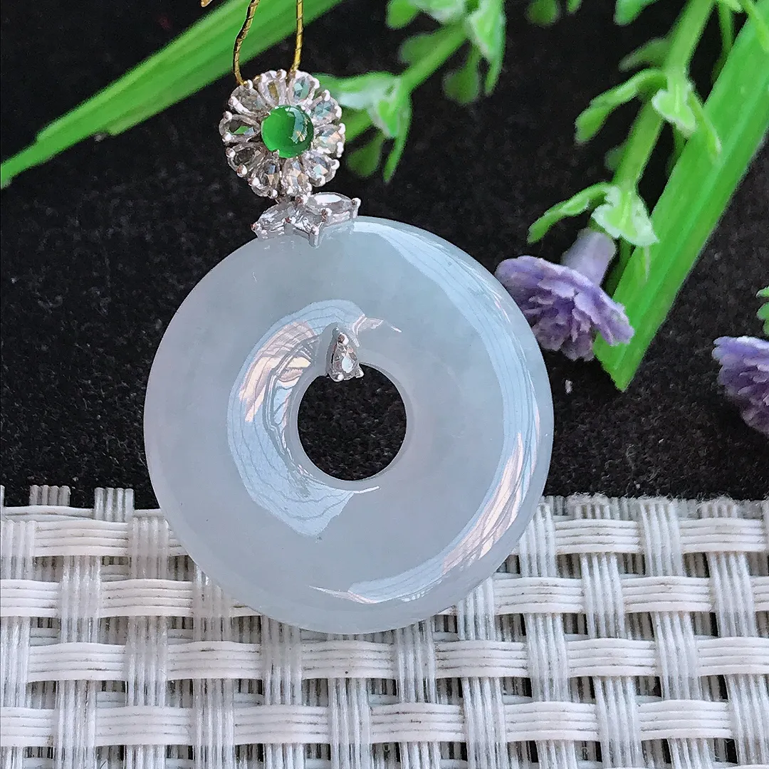 实拍A货翡翠25.6/5.7老坑18k金镶嵌冰胶淡紫罗兰平安扣吊坠翡翠挂件