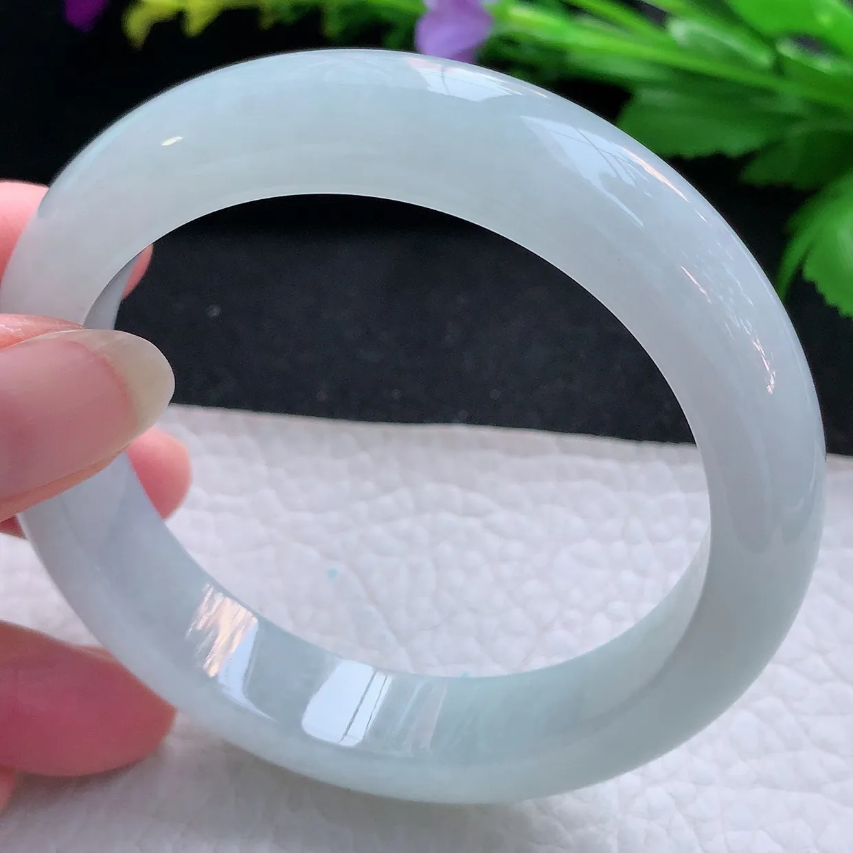 hy实拍58*13*9平安镯 天然缅甸翡翠玉手镯冰胶白月光宽边玉手环