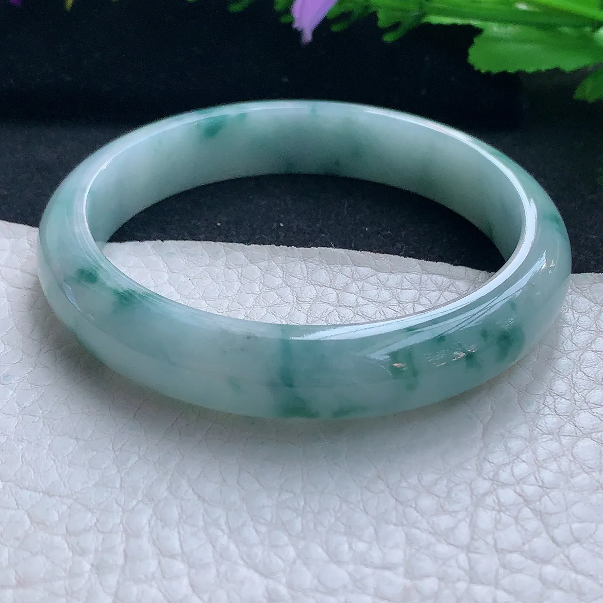 js实拍58.5*11.8*7.2平安镯 天然缅甸翡翠玉手镯冰飘花宽边玉手环