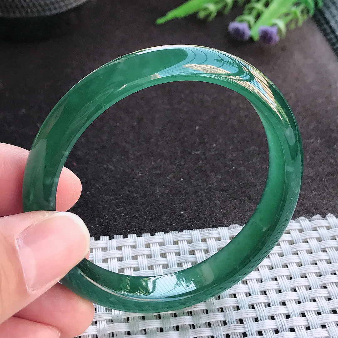 实拍A货翡翠56/11.1/7老坑冰纯起胶满色蓝韵手镯宽边玉镯手环