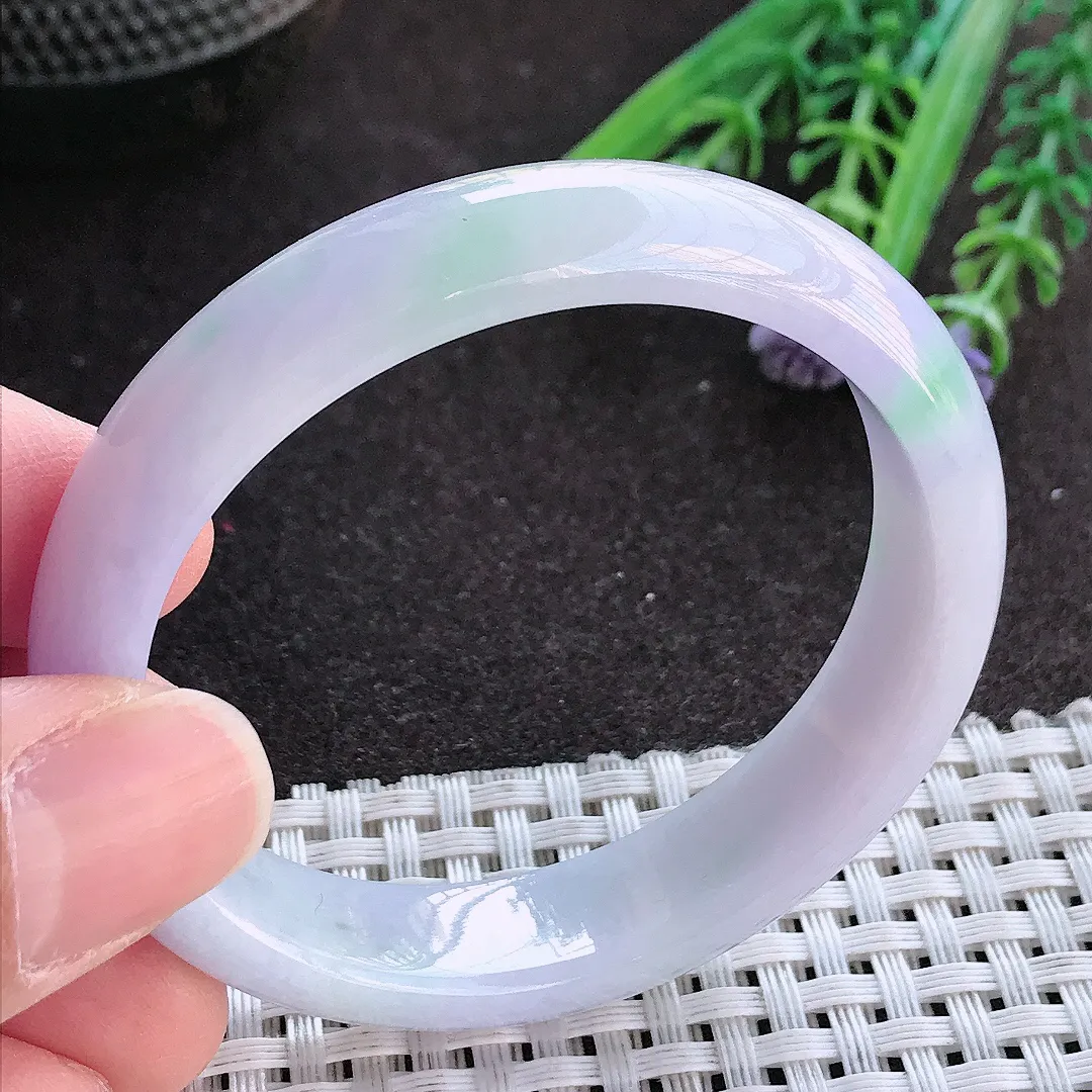 实拍A货翡翠50.5/46.5/12.7/6.8老坑精美温润春带彩贵妃手镯小圈口玉镯手环