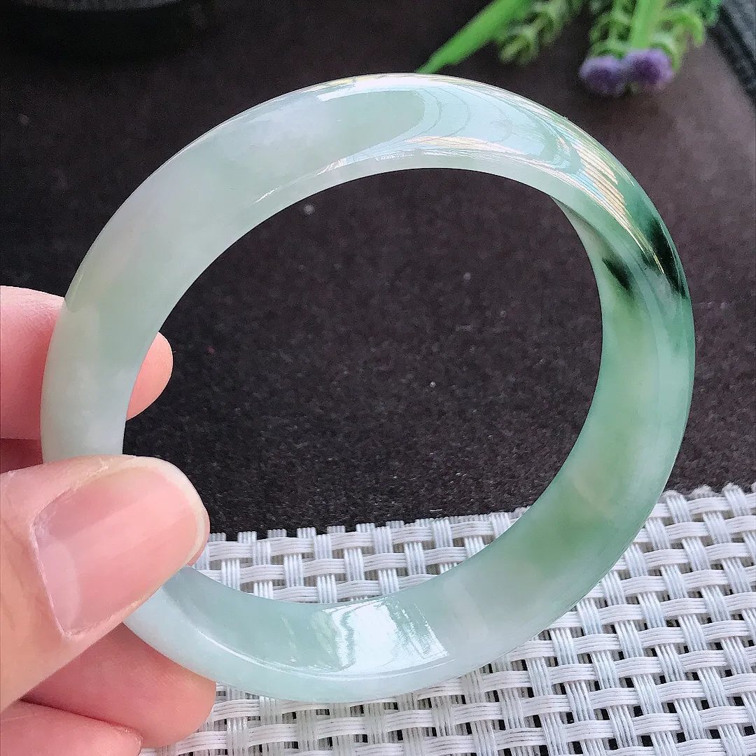 实拍A货翡翠60/16.3/7.6老坑精美冰润飘花轮胎手镯宽边玉镯手环