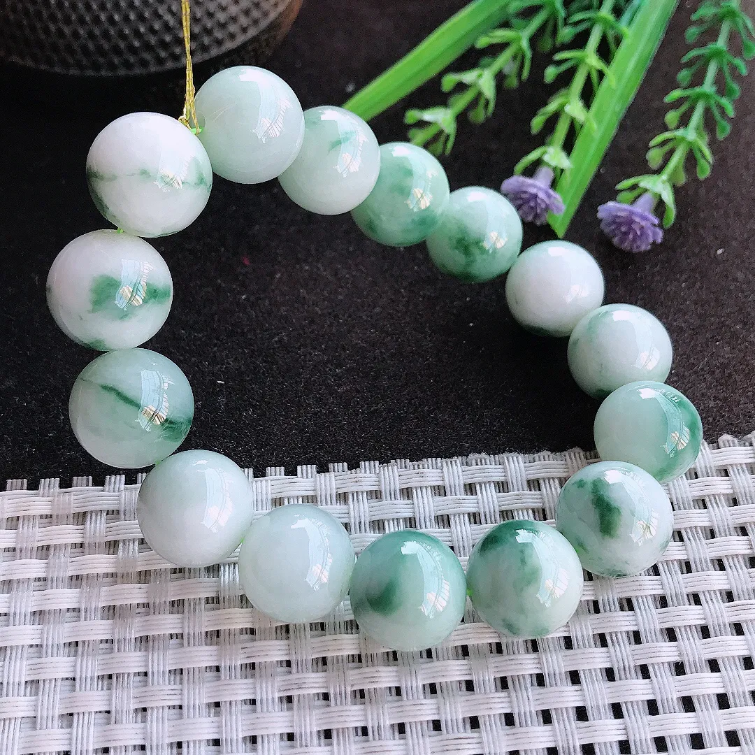 实拍A货翡翠13.5/15颗老坑秀气温润飘花大颗粒圆珠手串珠串手链