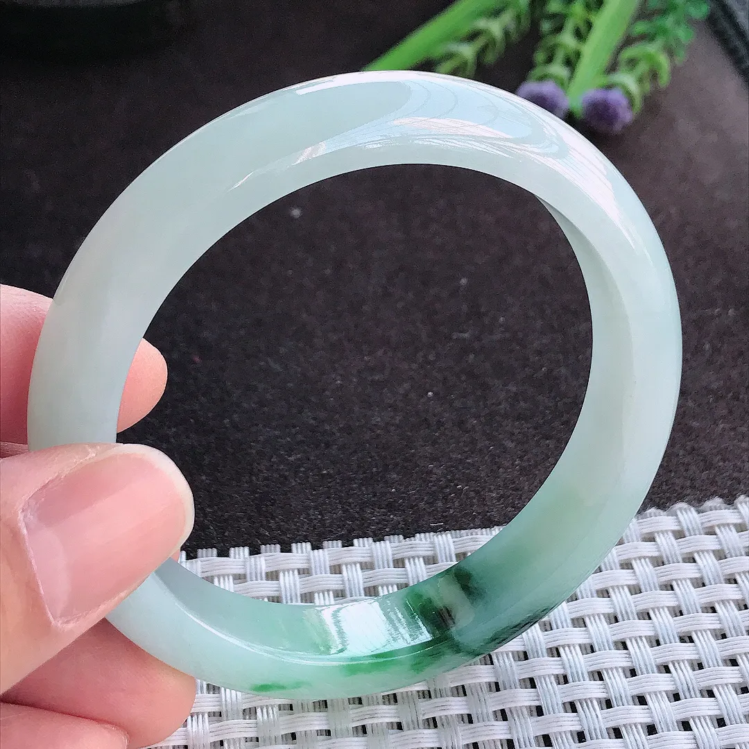 实拍A货翡翠57.5/12/7.8老坑冰润起胶特色飘花手镯宽边玉镯手环